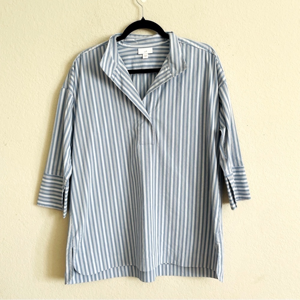 J. Jill woman’s Blue Striped Shirt M contemporary lagenlook crossover neckline